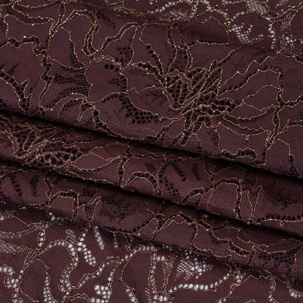 Stretch Metallic Corded Lace with Finished Edges - Deep Orchid Purple and Gold Bold Blooming Florals - Dania Collection