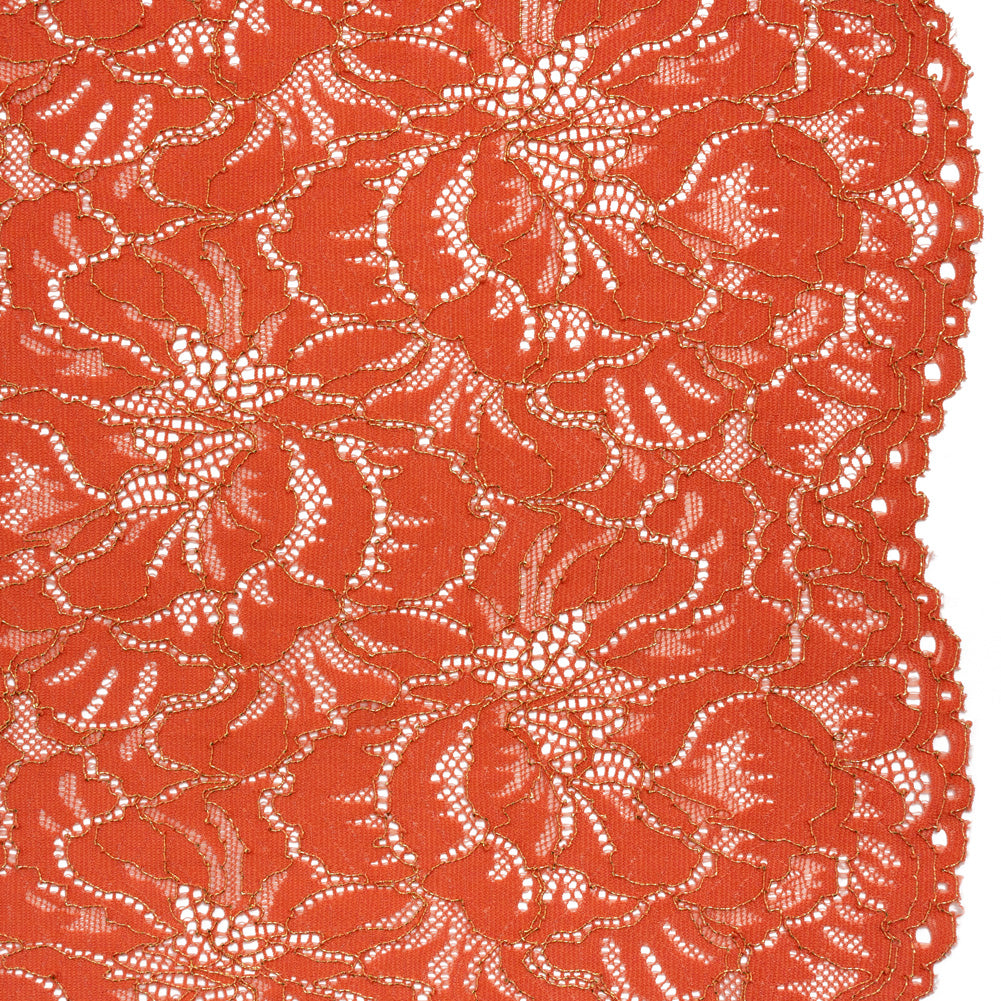 Stretch Metallic Corded Lace with Finished Edges - Burnt Sienna and Gold Bold Blooming Florals - Dania Collection