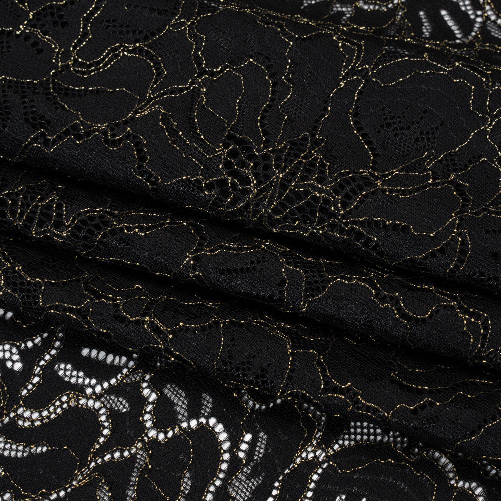 Stretch Metallic Corded Lace with Finished Edges - Black and Gold Bold Blooming Florals - Dania Collection