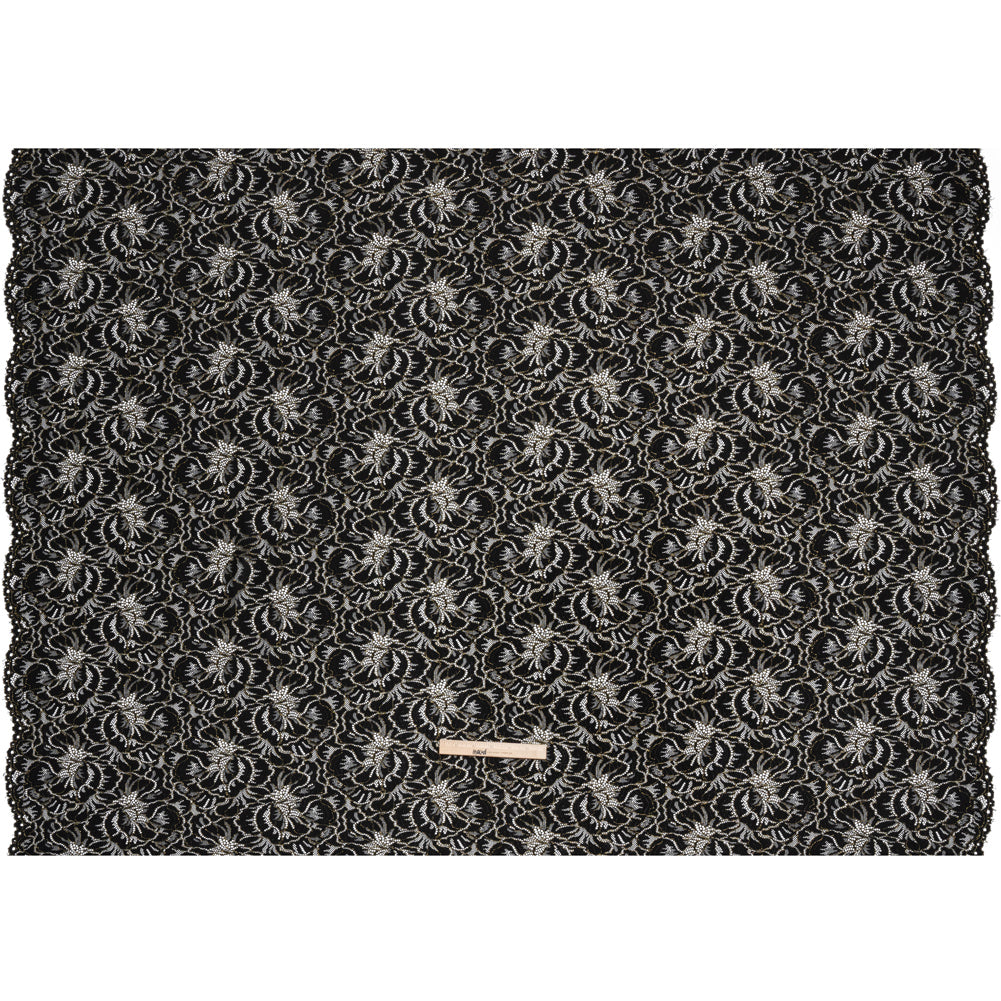 Stretch Metallic Corded Lace with Finished Edges - Black and Gold Bold Blooming Florals - Dania Collection