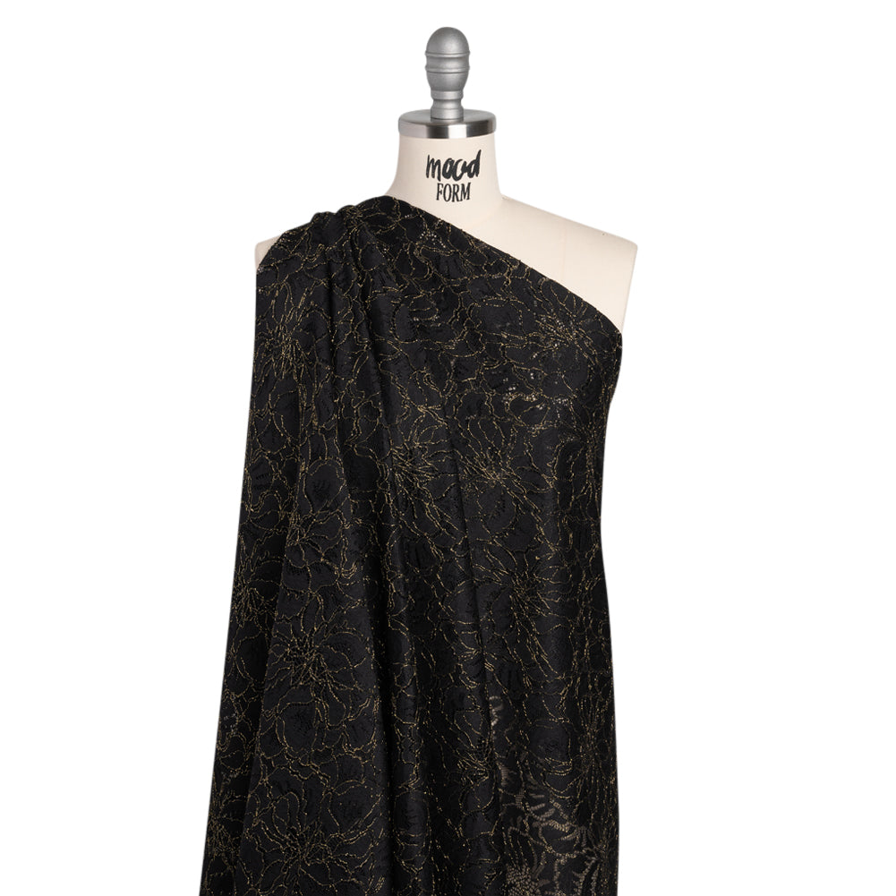 Stretch Metallic Corded Lace with Finished Edges - Black and Gold Bold Blooming Florals - Dania Collection