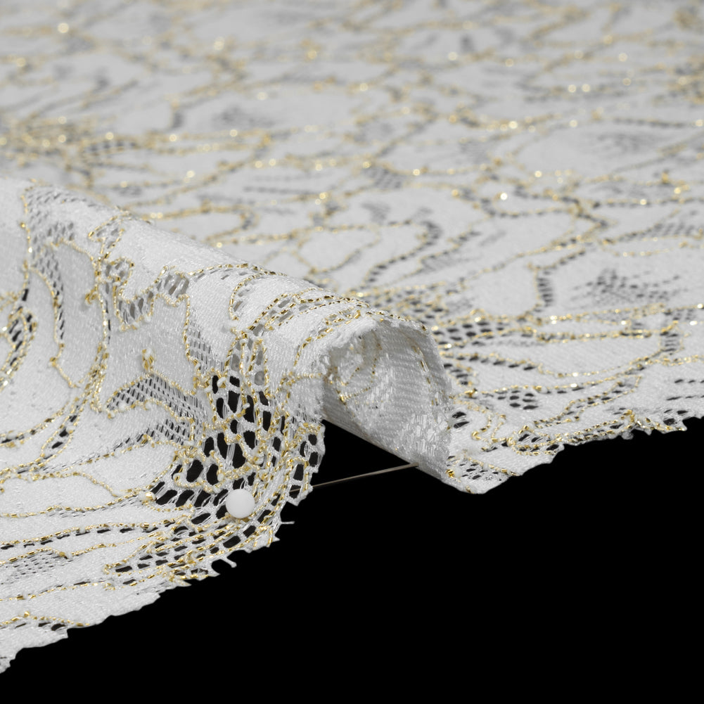 Stretch Metallic Corded Lace with Finished Edges - Ivory and Gold Bold Blooming Florals - Dania Collection