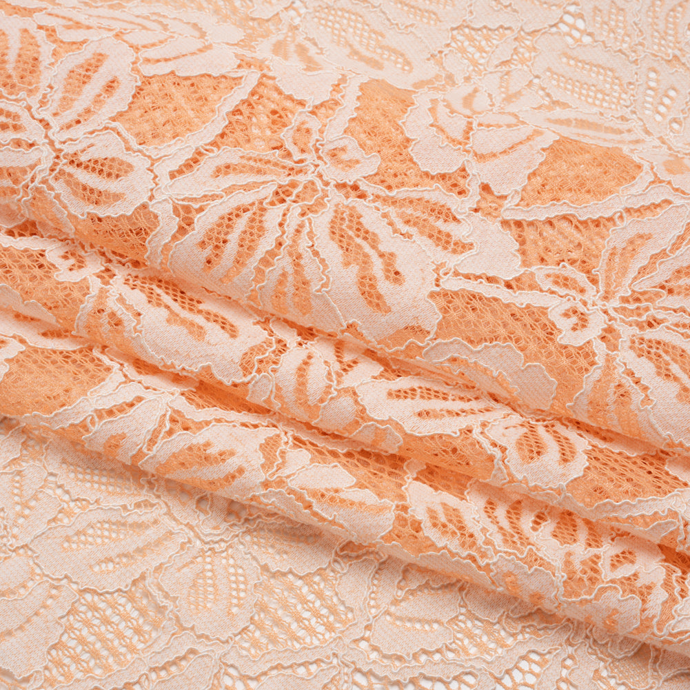 Stretch Corded Lace with Finished Edges - Shell Coral Orange and Natural Tropical Blossoms - Ottilie Collection