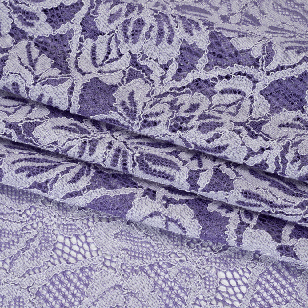 Stretch Corded Lace with Finished Edges - Purple Corallites and Natural Tropical Blossoms - Ottilie Collection