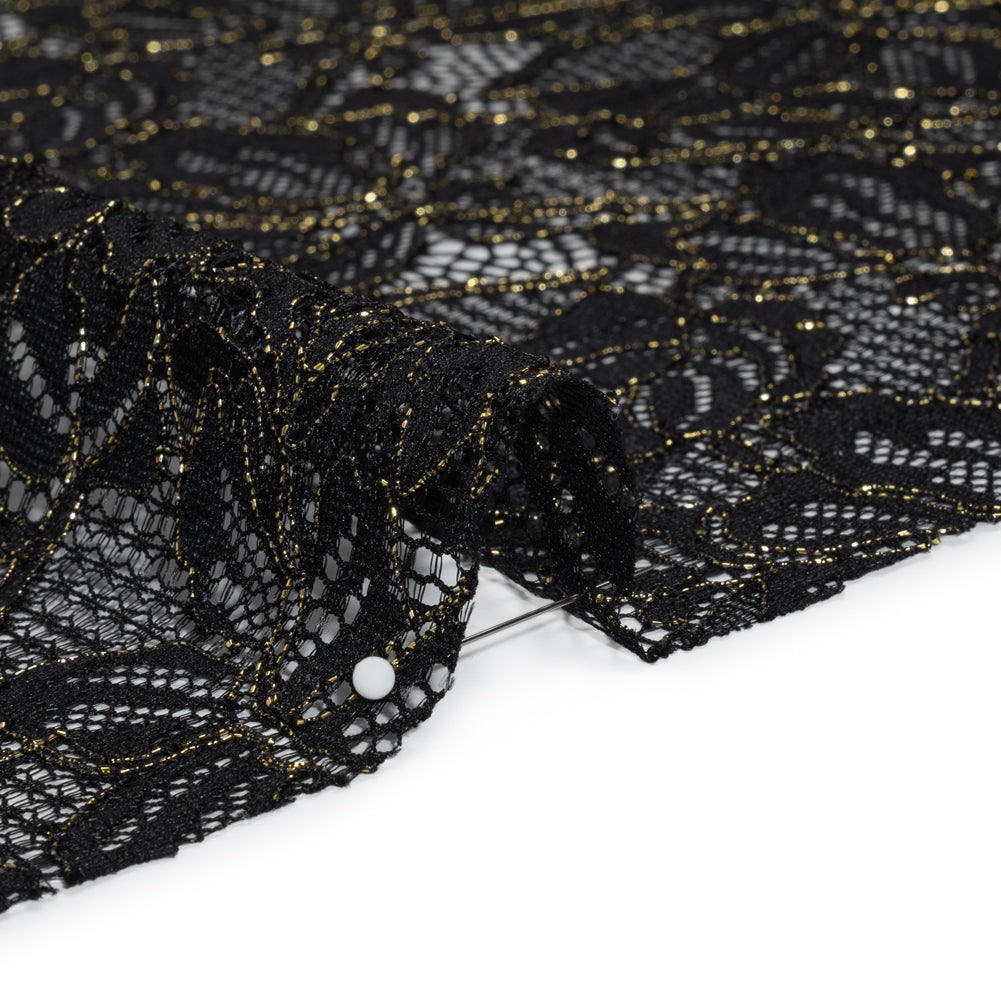 Stretch Metallic Corded Lace with Finished Edges - Black and Gold Tropical Blossoms - Ottilie Collection