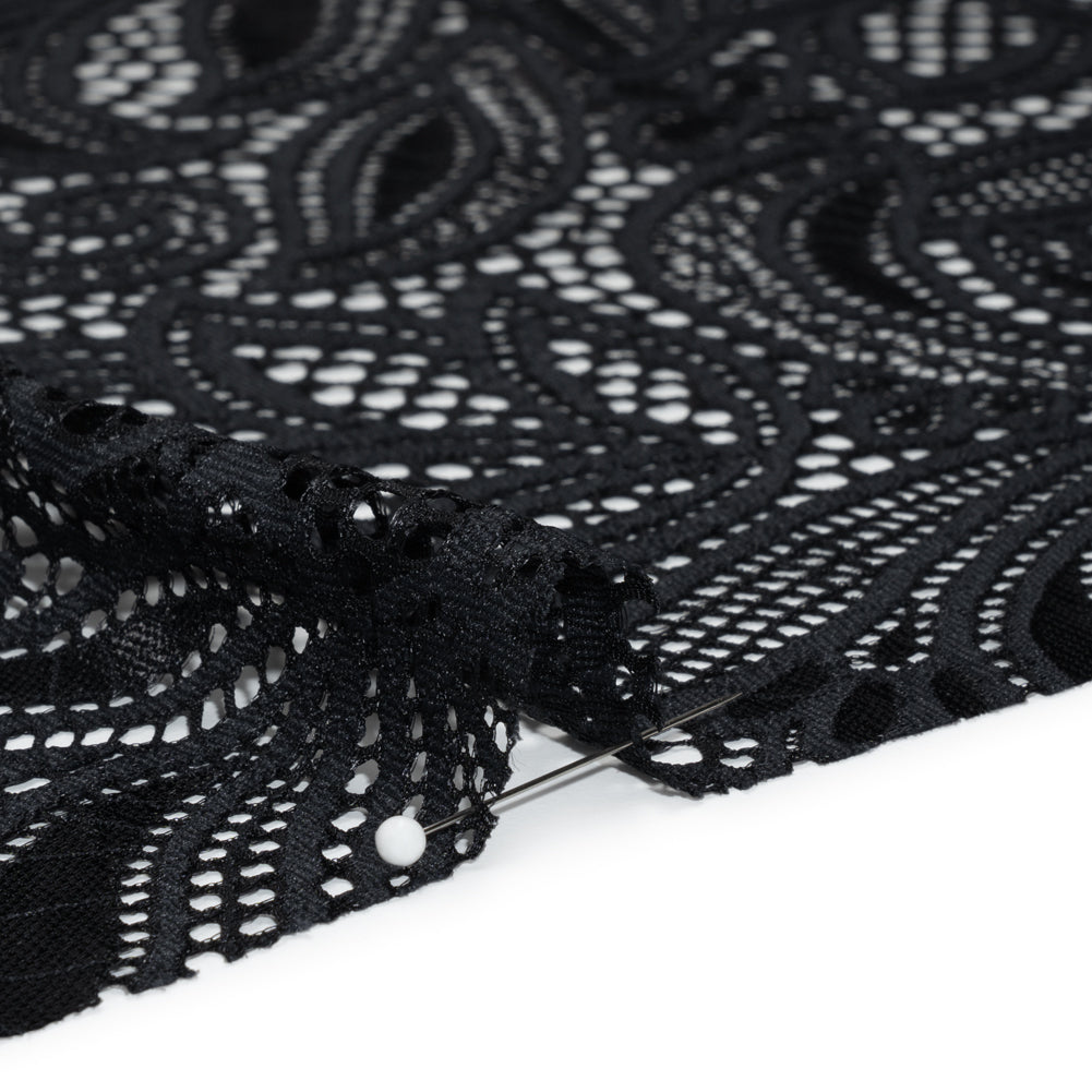 Stretch Raschel Lace with Finished Edges - Black Swirling Gardens