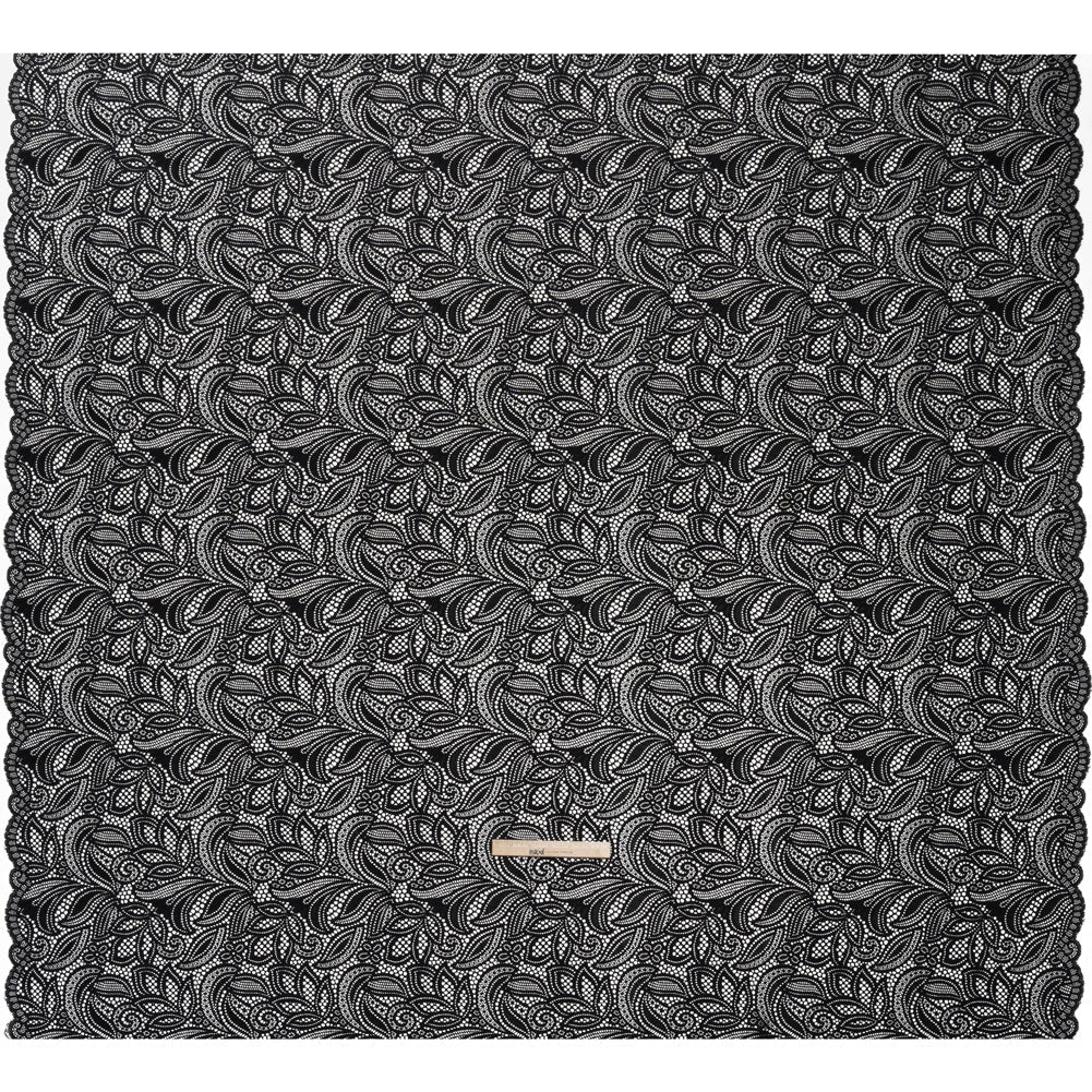 Stretch Raschel Lace with Finished Edges - Black Swirling Gardens