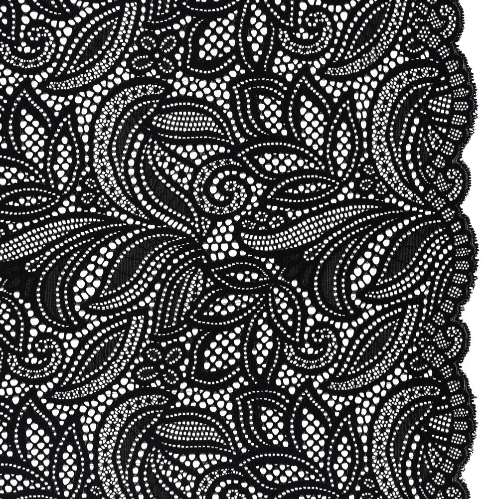 Stretch Raschel Lace with Finished Edges - Black Swirling Gardens