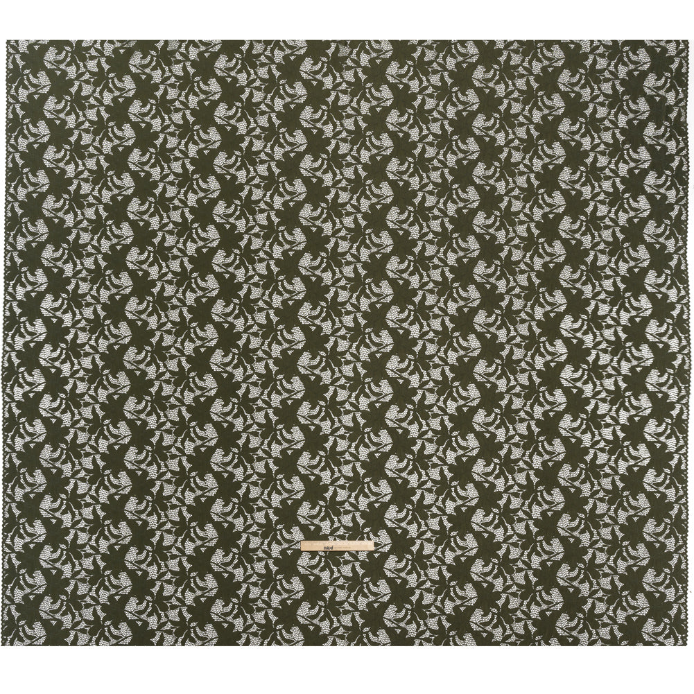 Recycled Stretch Raschel Lace with Finished Edges - Algae Green Dancing Lilies