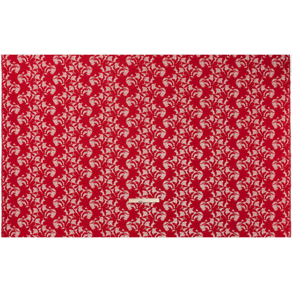 Recycled Stretch Raschel Lace with Finished Edges - Cherry Red Dancing Lilies