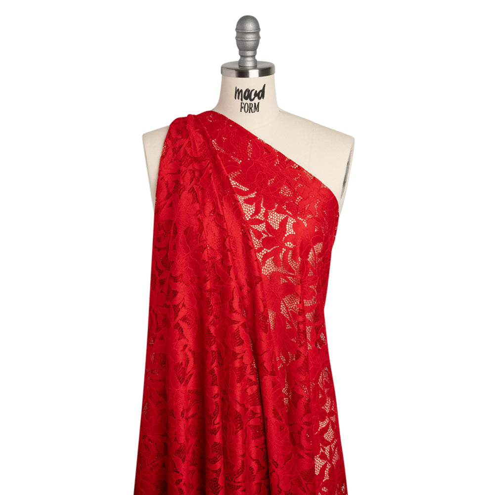 Recycled Stretch Raschel Lace with Finished Edges - Cherry Red Dancing Lilies
