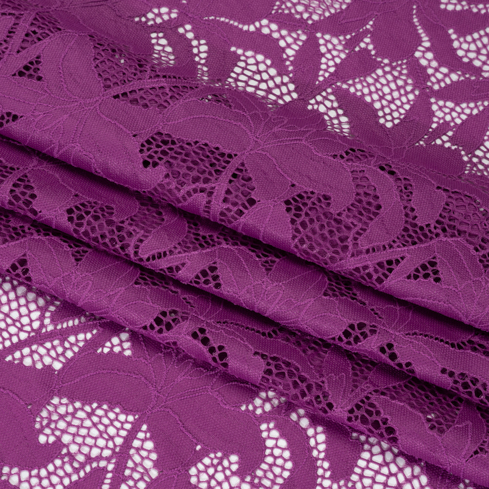 Recycled Stretch Raschel Lace with Finished Edges - Anemone Purple Dancing Lilies