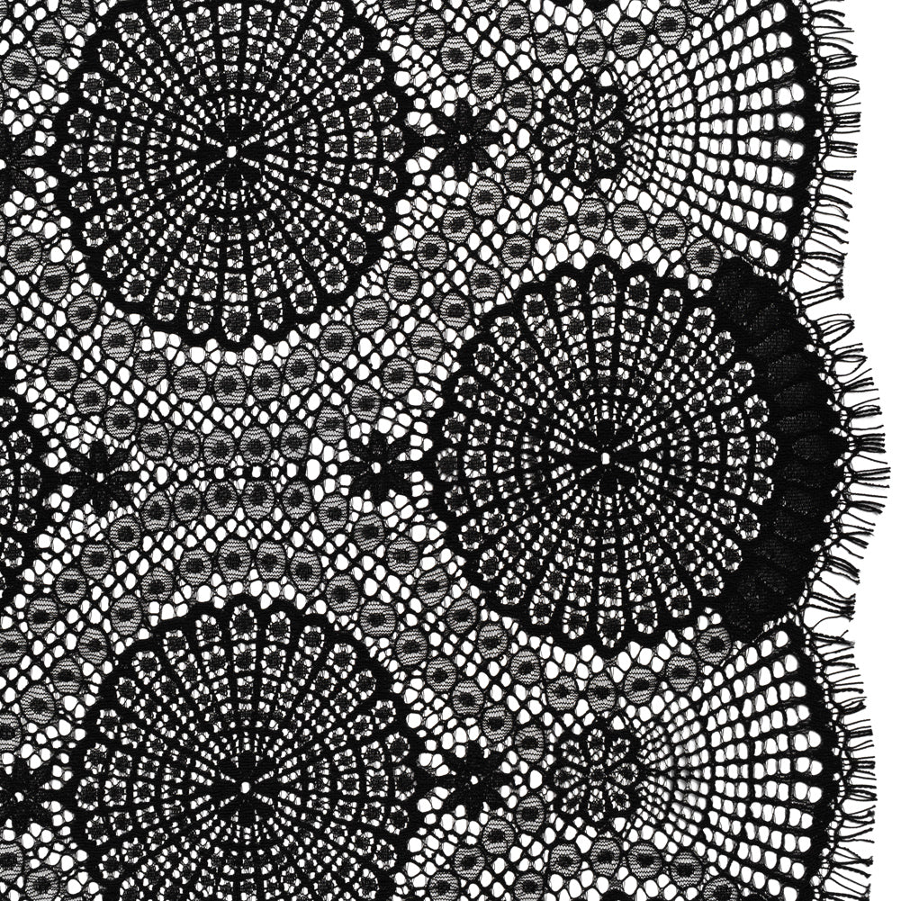 Nylon Raschel Lace Panel with Finished Scalloped Edges - Black Floral Medallions
