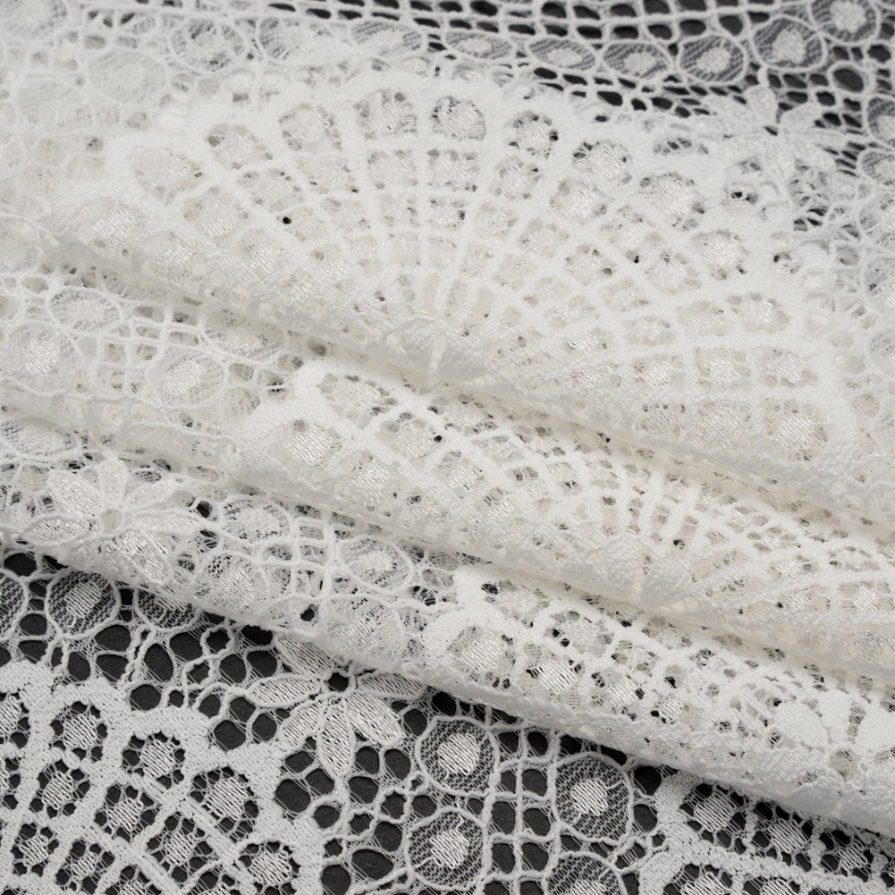 Nylon Raschel Lace Panel with Finished Scalloped Edges - Ivory Floral Medallions