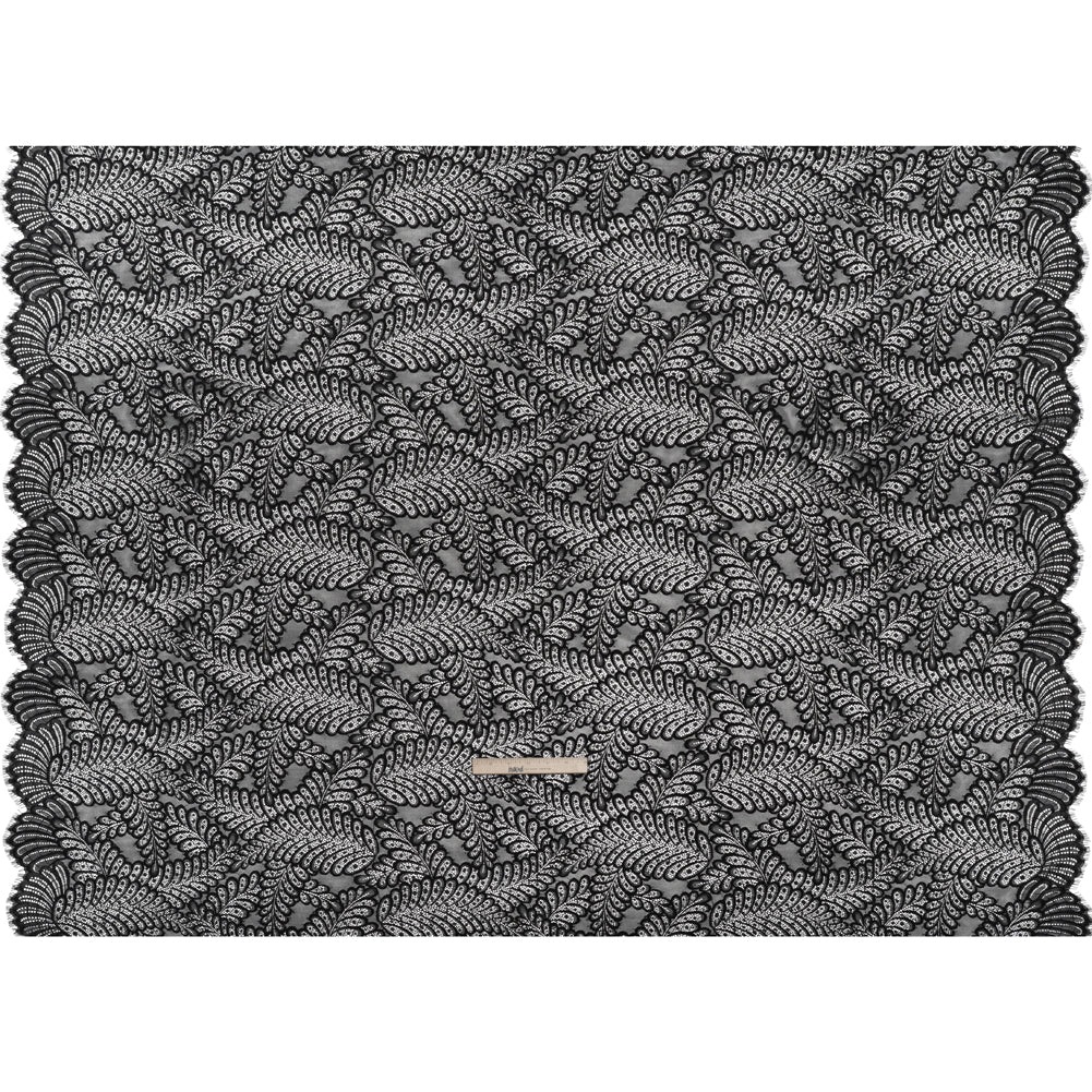 Nylon Raschel Lace Panel with Finished Scalloped Edges - Black Fern Leaves