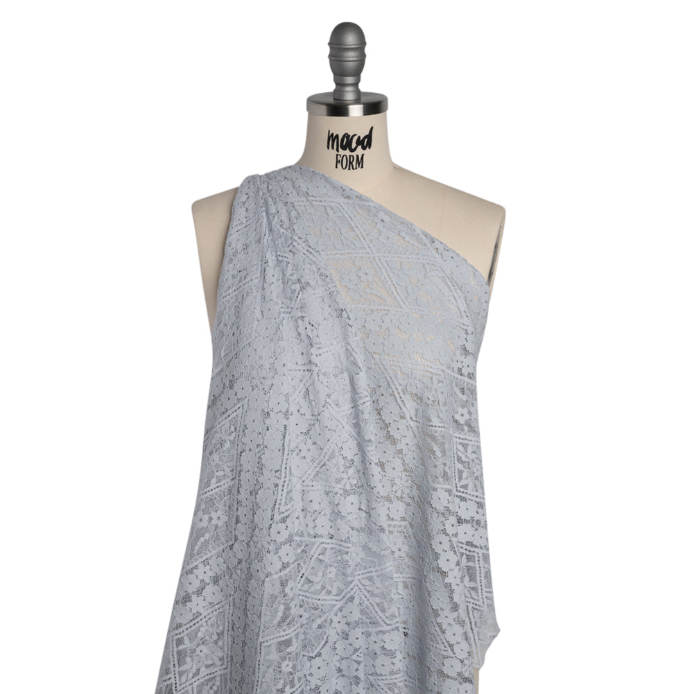Cotton and Nylon Re-Embroidered Lace Panel with Finished Edges - Pale Blue and Ivory Diamonds and Flowers