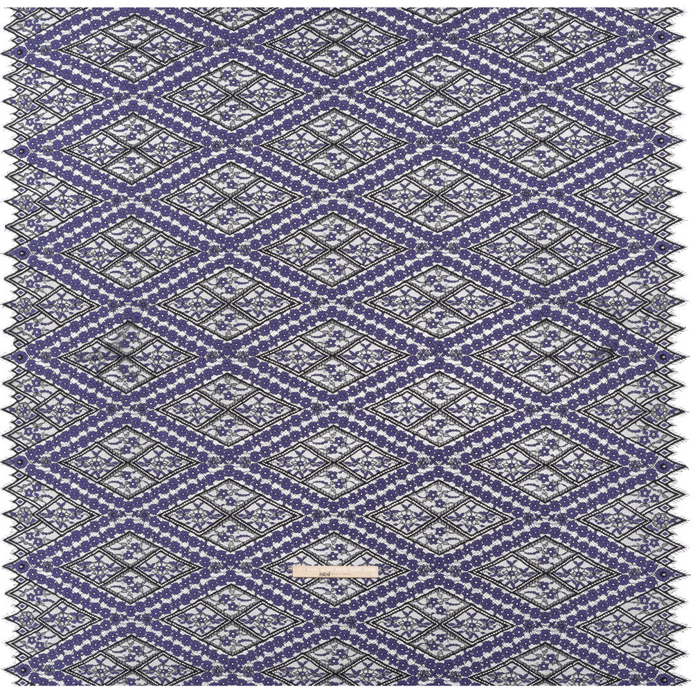 Cotton and Nylon Re-Embroidered Lace Panel with Finished Edges - Black and Blue Iris Diamonds and Flowers