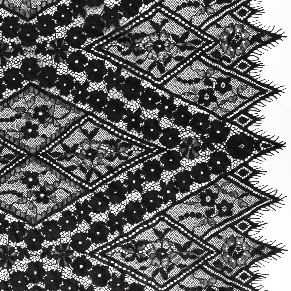 Cotton and Nylon Re-Embroidered Lace Panel with Finished Edges - Black Diamonds and Flowers
