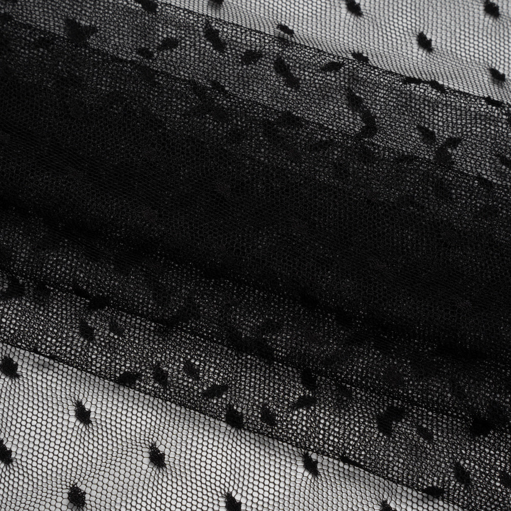 Nylon Raschel Point D'Esprit Lace - Black Polka Dots