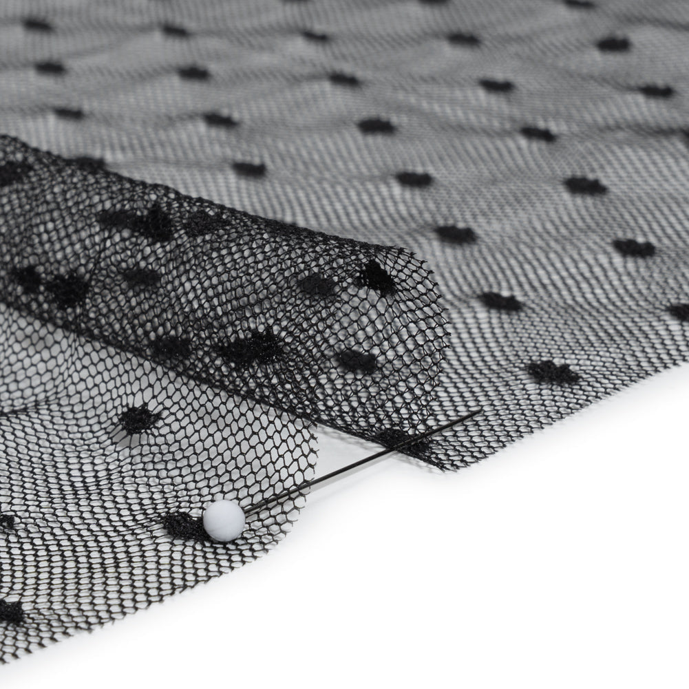 Nylon Raschel Point D'Esprit Lace - Black Polka Dots