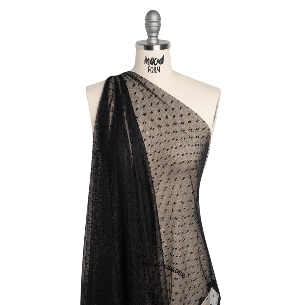 Nylon Raschel Point D'Esprit Lace - Black Polka Dots