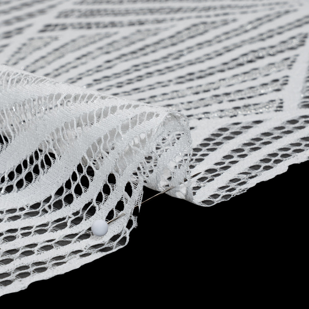 Metallic Lace Panel with Finished Edges - Silver and White Geometric Starburst