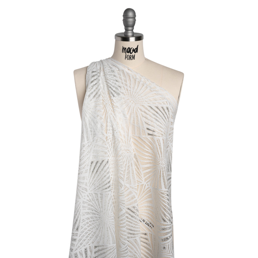 Metallic Lace Panel with Finished Edges - Silver and White Geometric Starburst