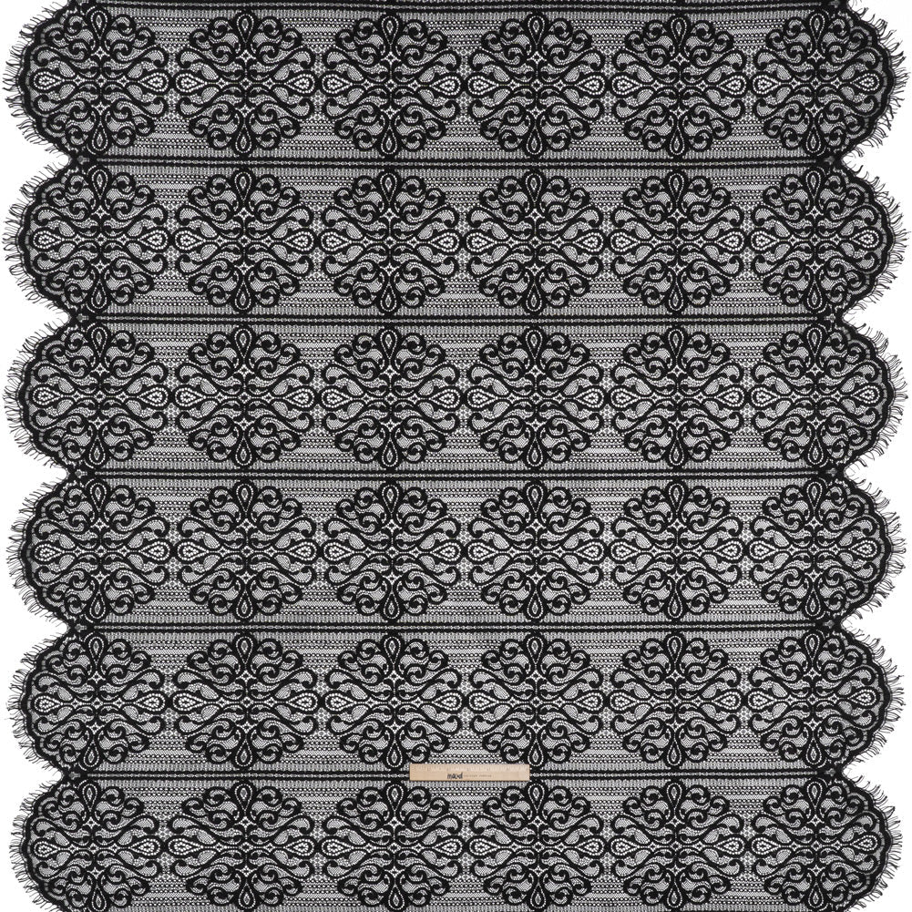 Corded Lace with Fringed and Scalloped Edges - Black Vine Stripes