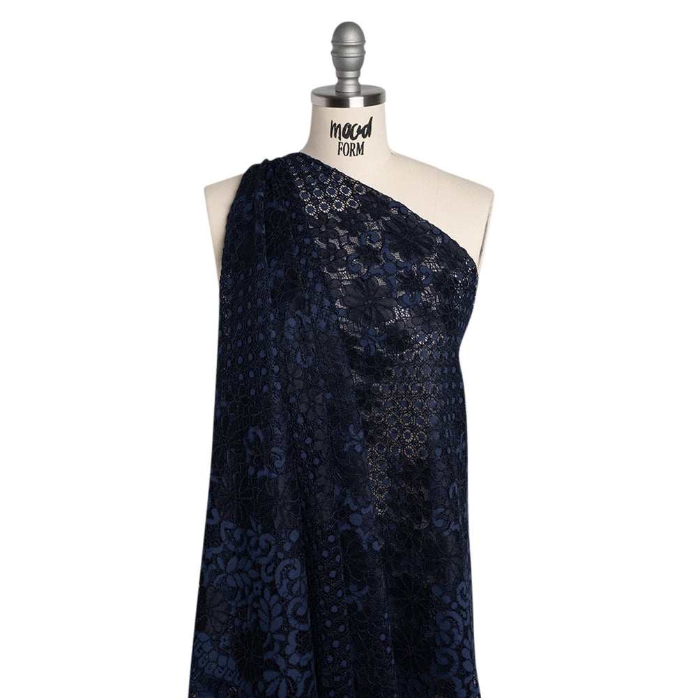 Rayon and Nylon Corded Lace with Scalloped Finished Edges - Navy Blue Flower and Dot Stripes
