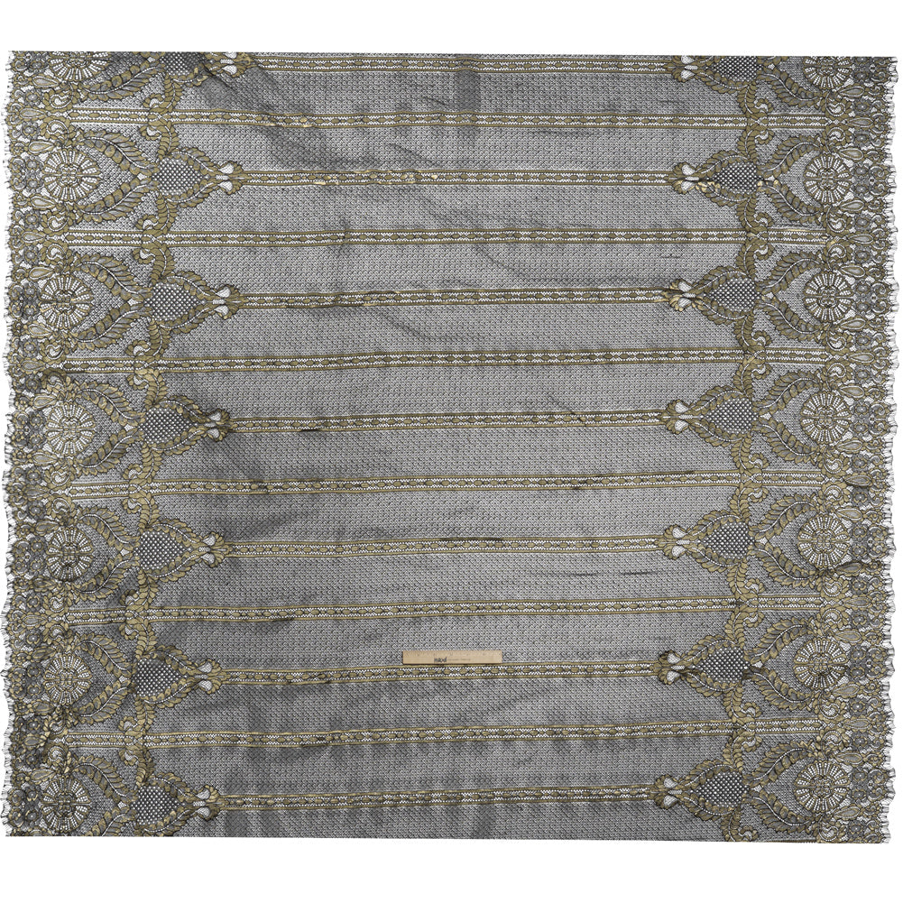 Metallic Re-Embroidered Raschel Lace - Black and Gold Stripes and Diamond Lattice with Floral Border