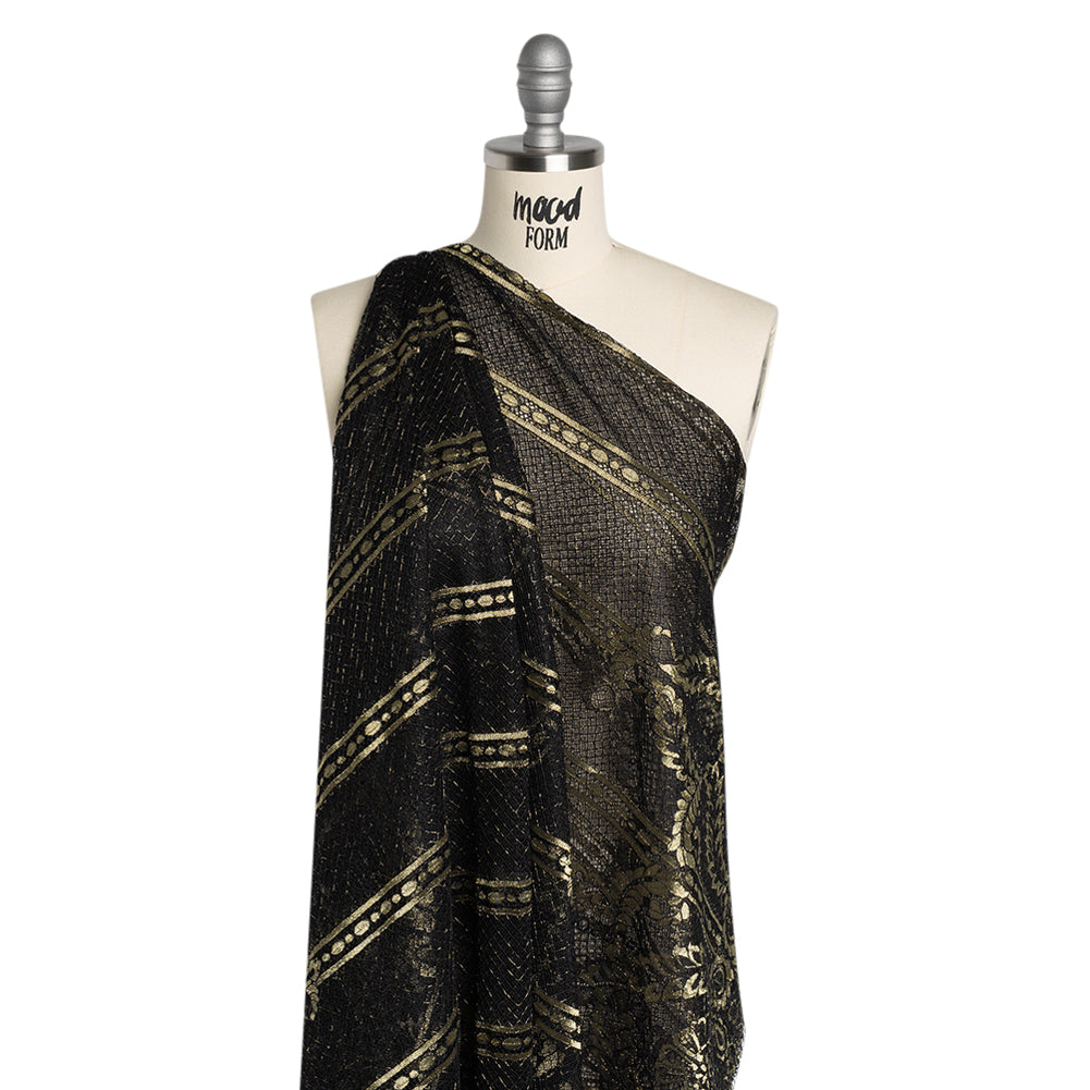 Metallic Re-Embroidered Raschel Lace - Black and Gold Stripes and Diamond Lattice with Floral Border