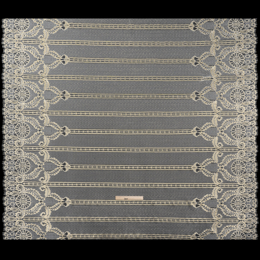 Metallic Re-Embroidered Raschel Lace - Ivory and Gold Stripes and Diamond Lattice with Floral Border