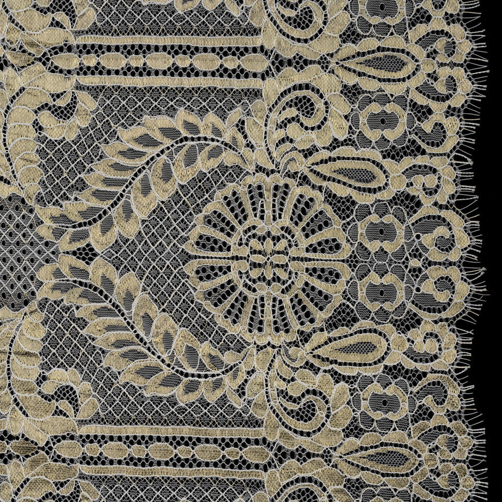 Metallic Re-Embroidered Raschel Lace - Ivory and Gold Stripes and Diamond Lattice with Floral Border