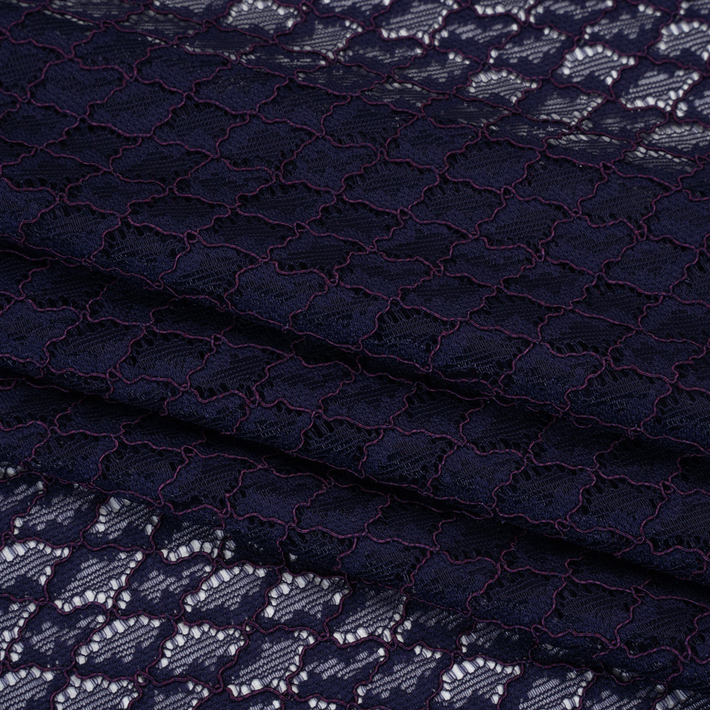 Corded Lace with Finished Eyelash Edges - Navy and Purple Diamond Lattice
