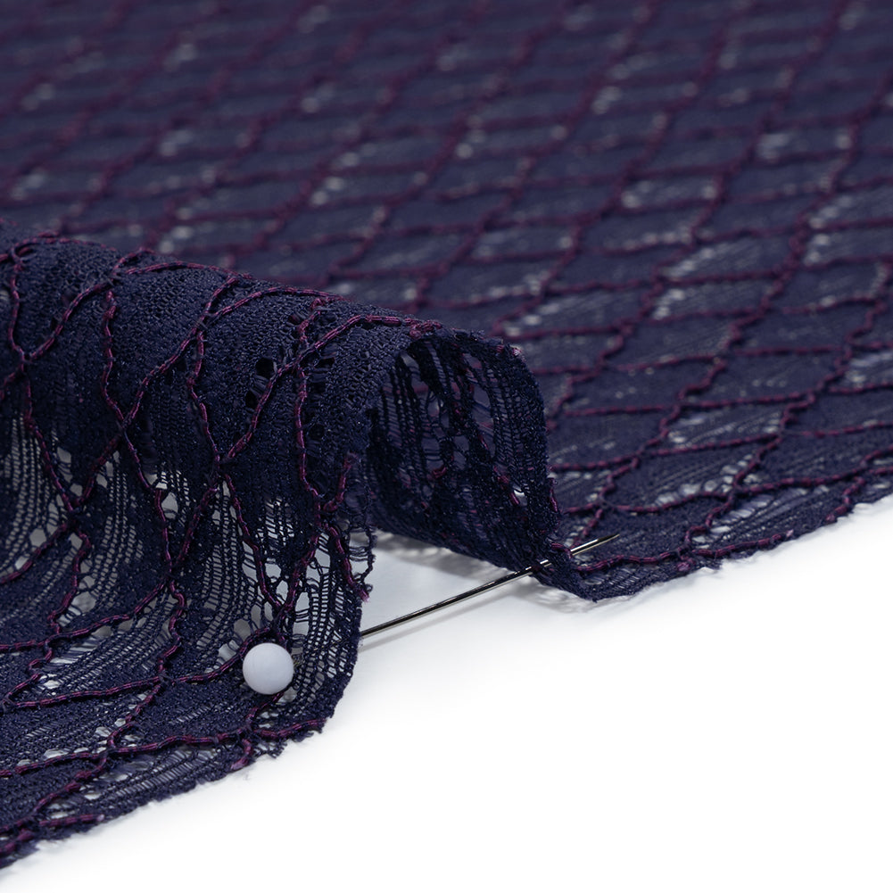 Corded Lace with Finished Eyelash Edges - Navy and Purple Diamond Lattice