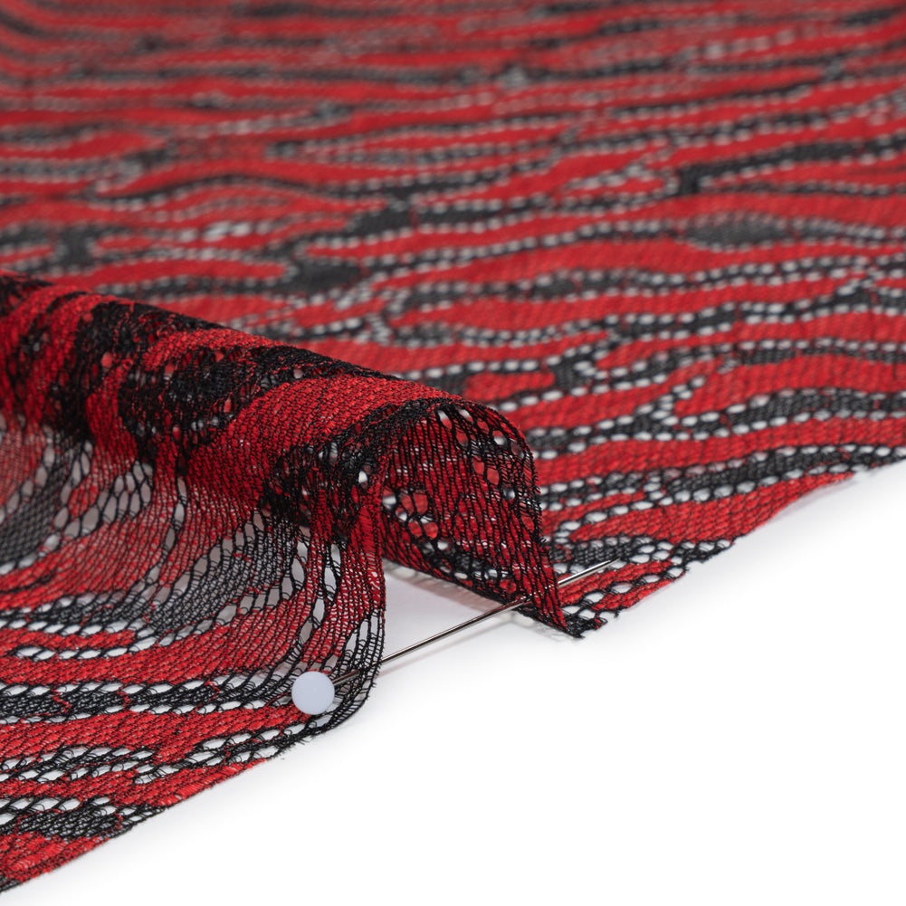 Raschel Lace Panel with Finished Edges - Black and Haute Red Animal Stripes