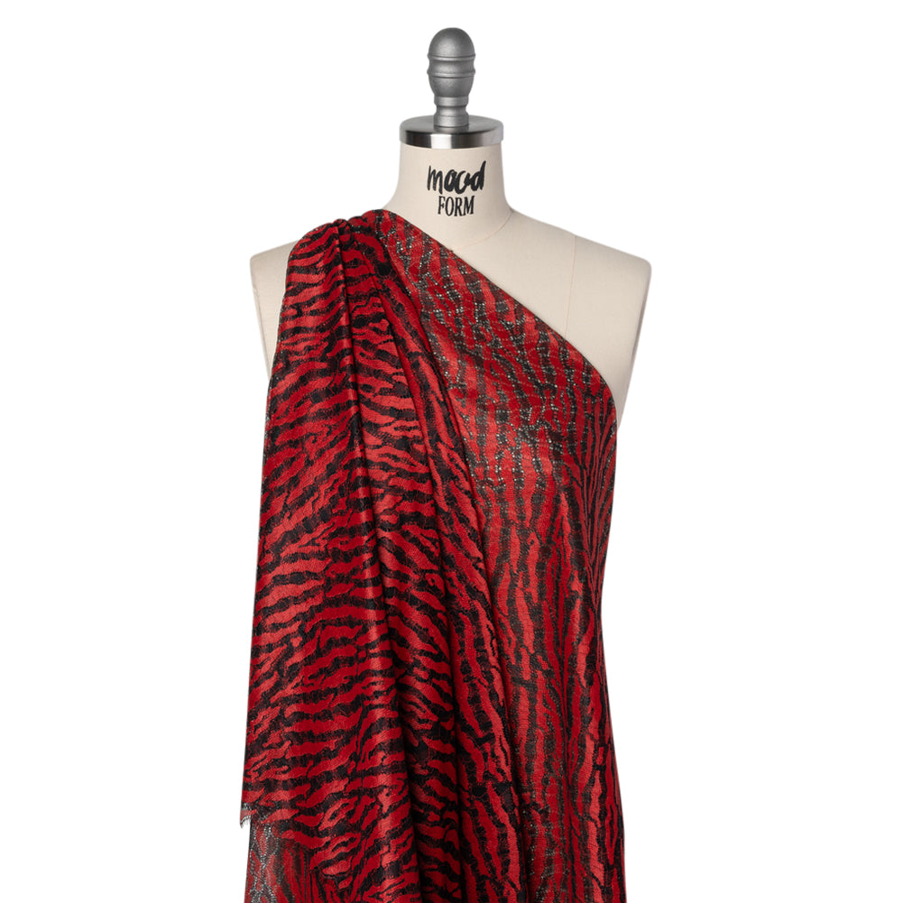 Raschel Lace Panel with Finished Edges - Black and Haute Red Animal Stripes