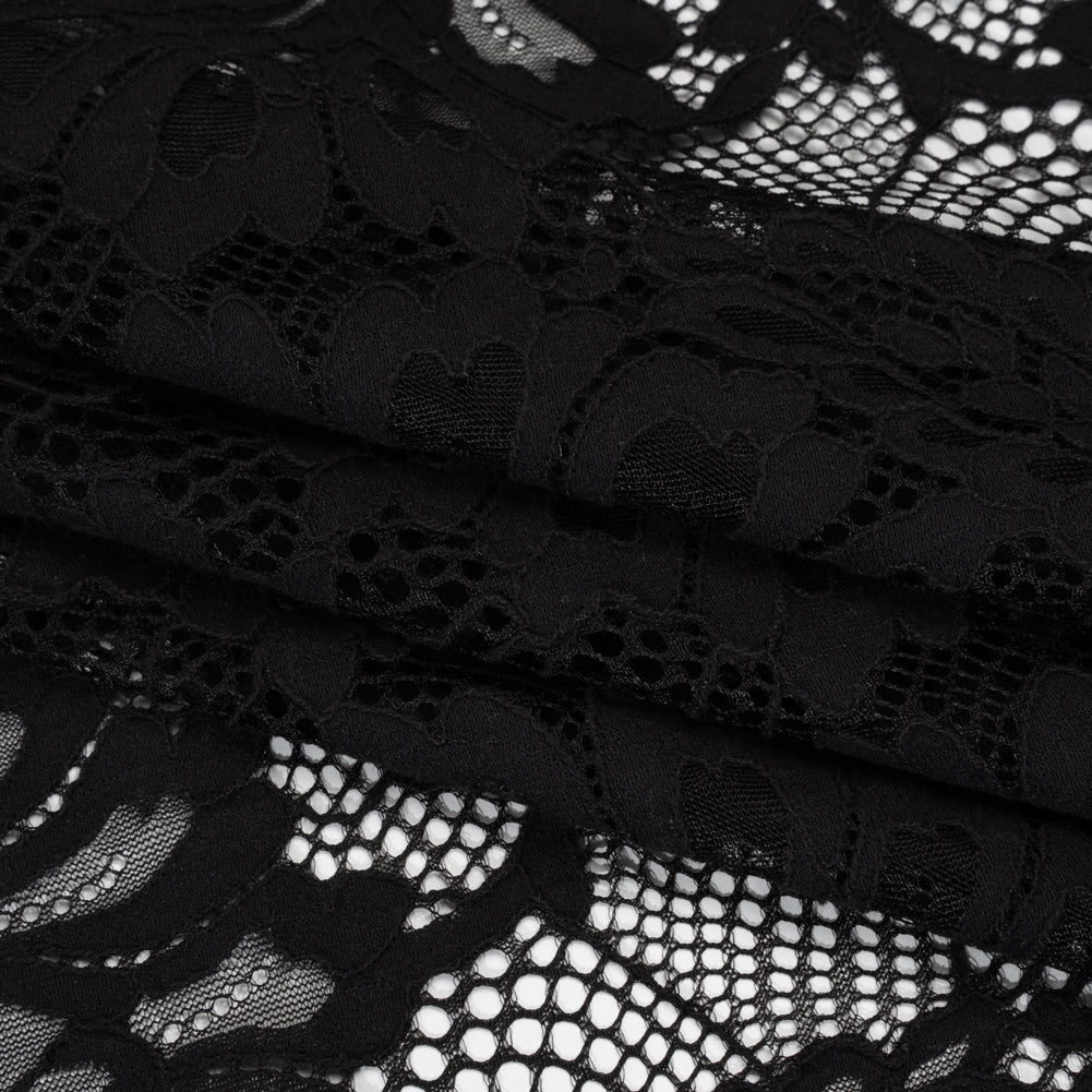 Corded Lace with Finished Scalloped Edges - Black Bold Florals