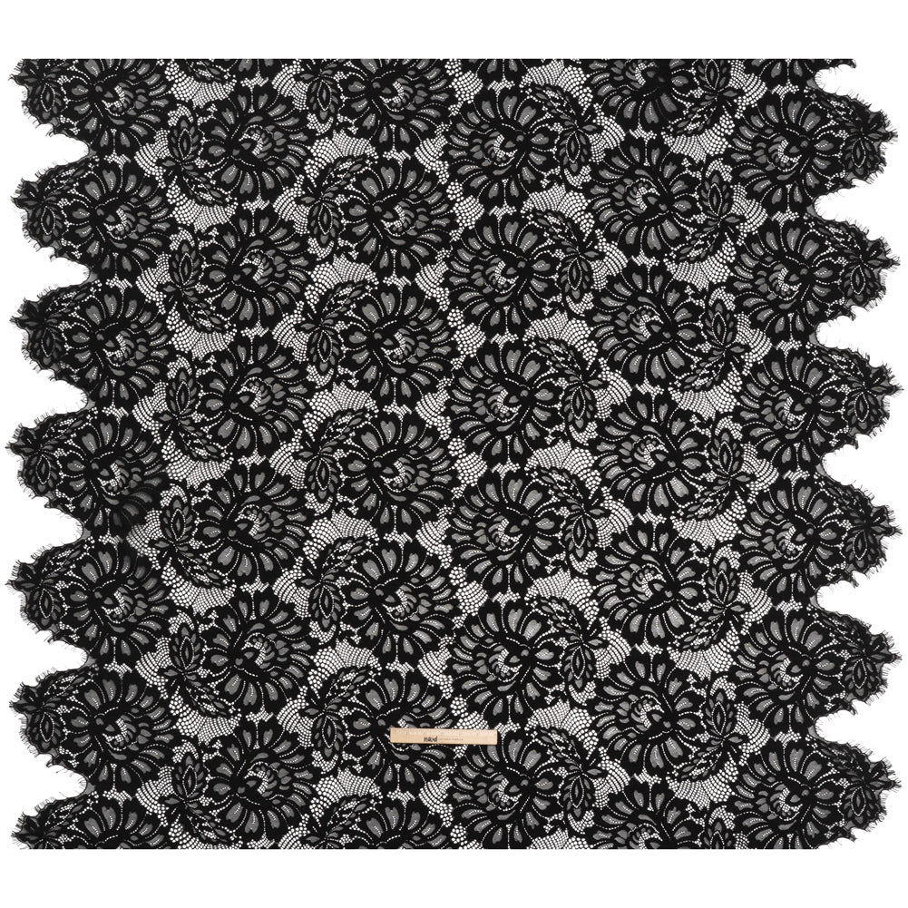 Corded Lace with Finished Scalloped Edges - Black Bold Florals