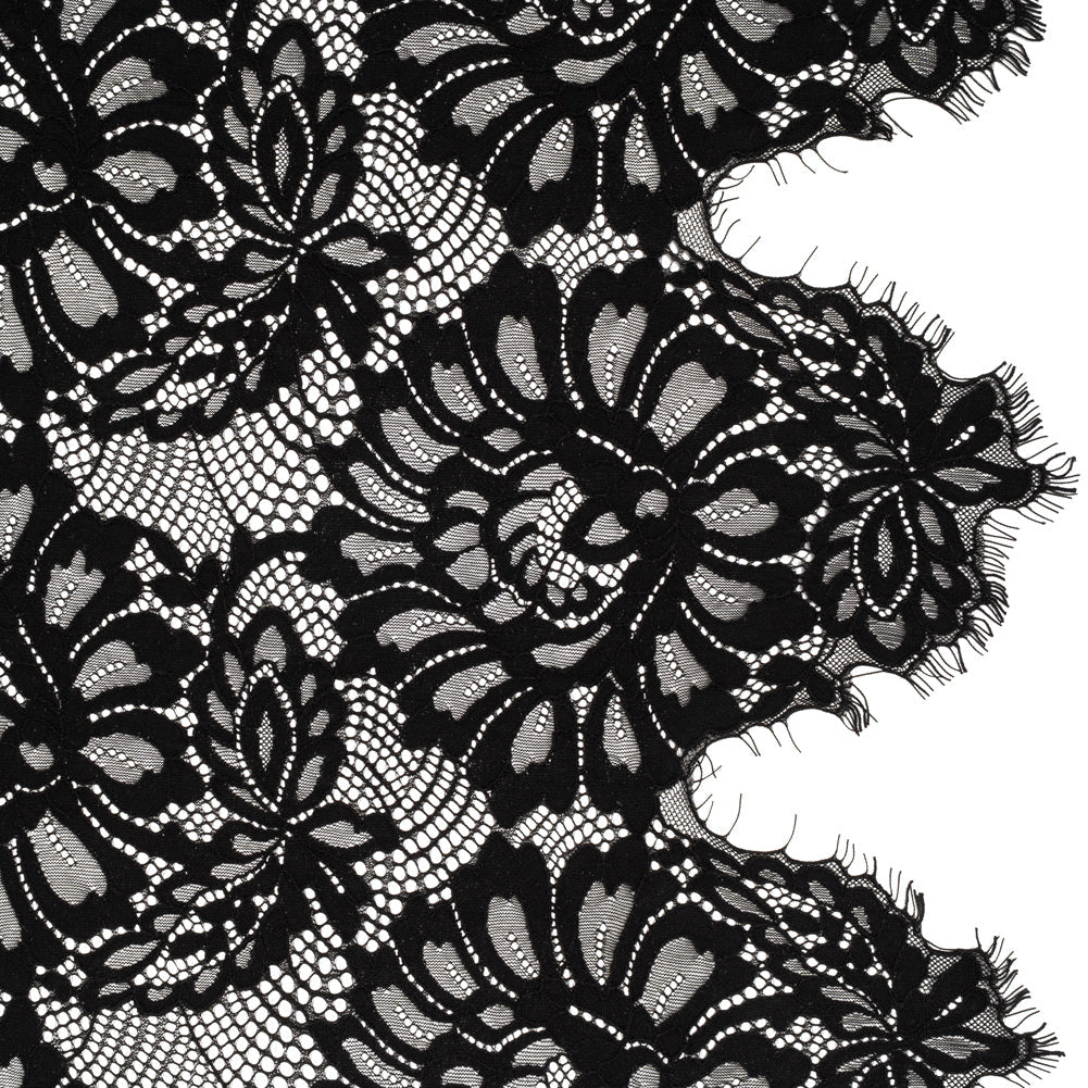 Corded Lace with Finished Scalloped Edges - Black Bold Florals