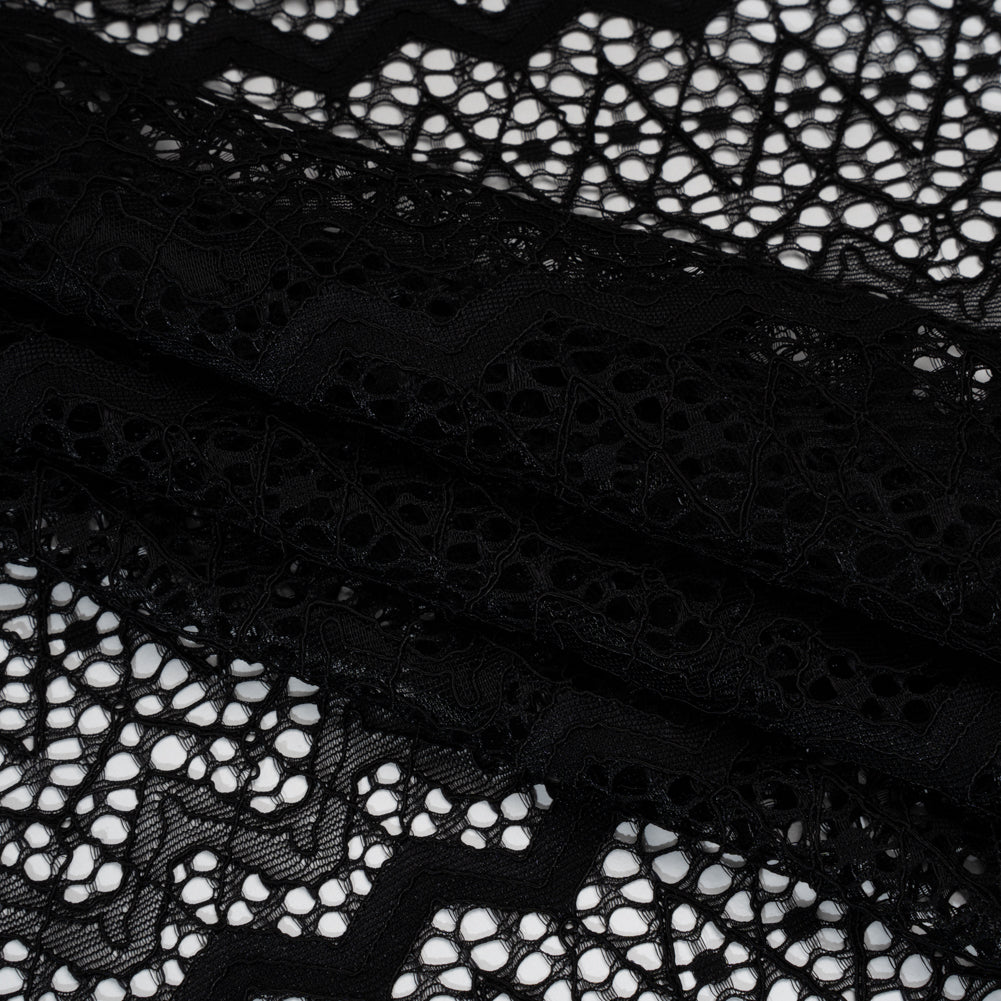 Corded Lace with Eyelash Fringe Edges - Black Zig Zag Stripes