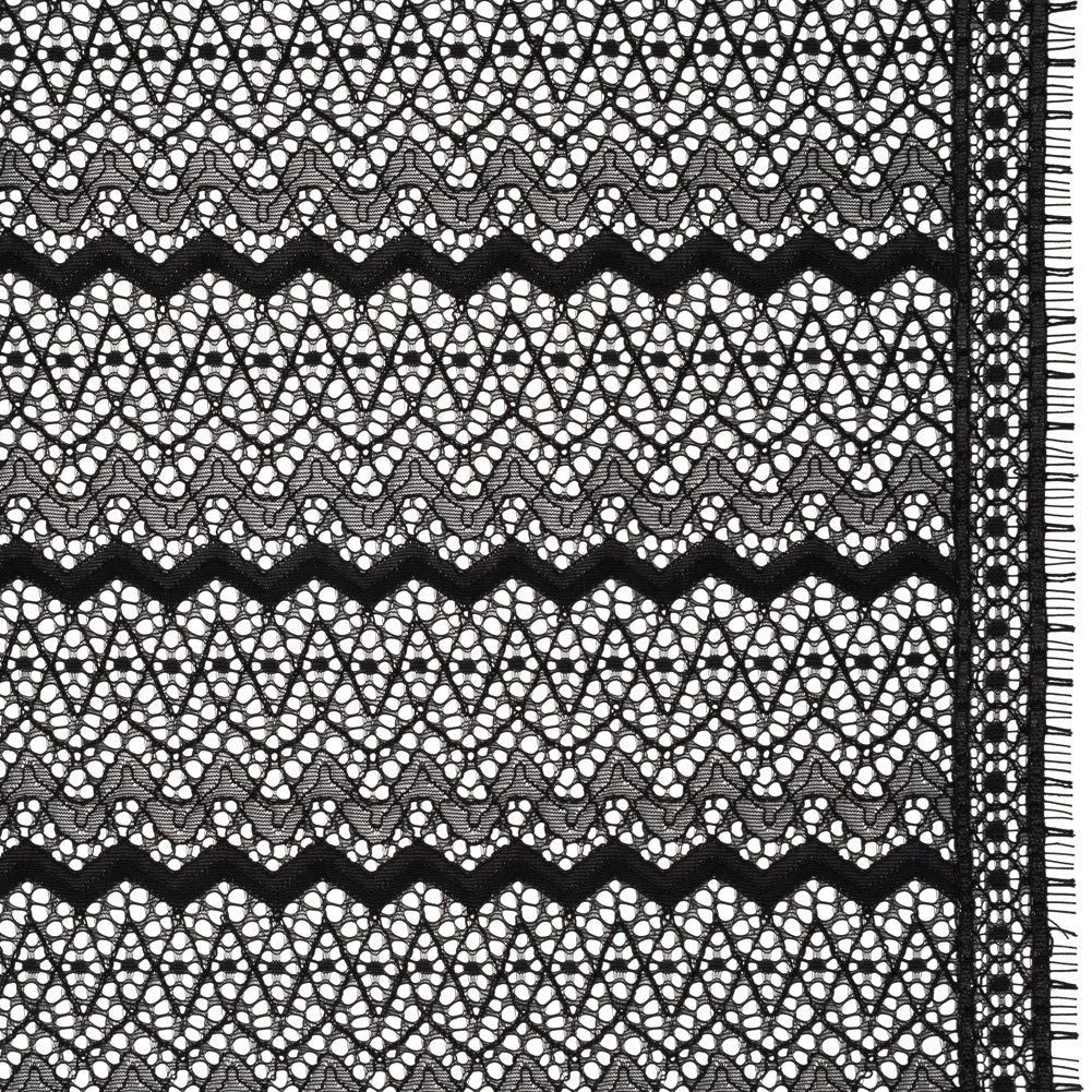 Corded Lace with Eyelash Fringe Edges - Black Zig Zag Stripes