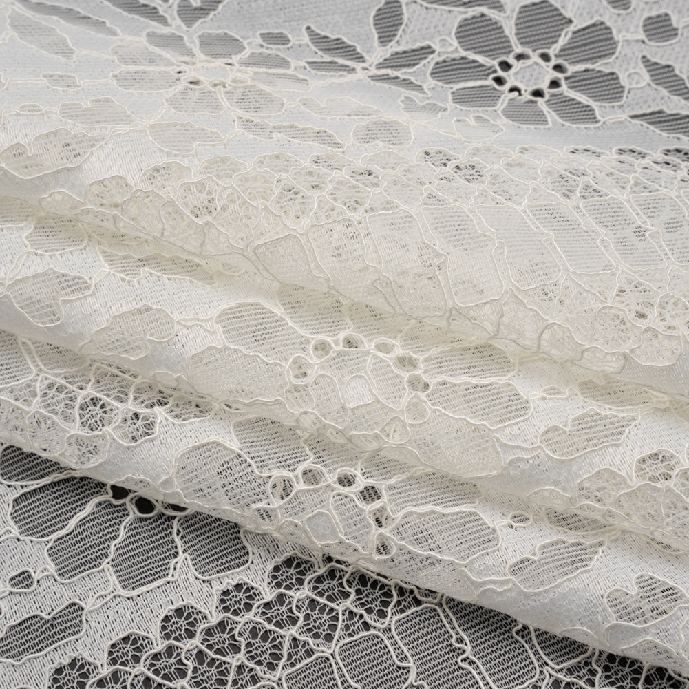 Corded Lace with Eyelash Fringe Edges - Ivory Floral and Geometric Stripes