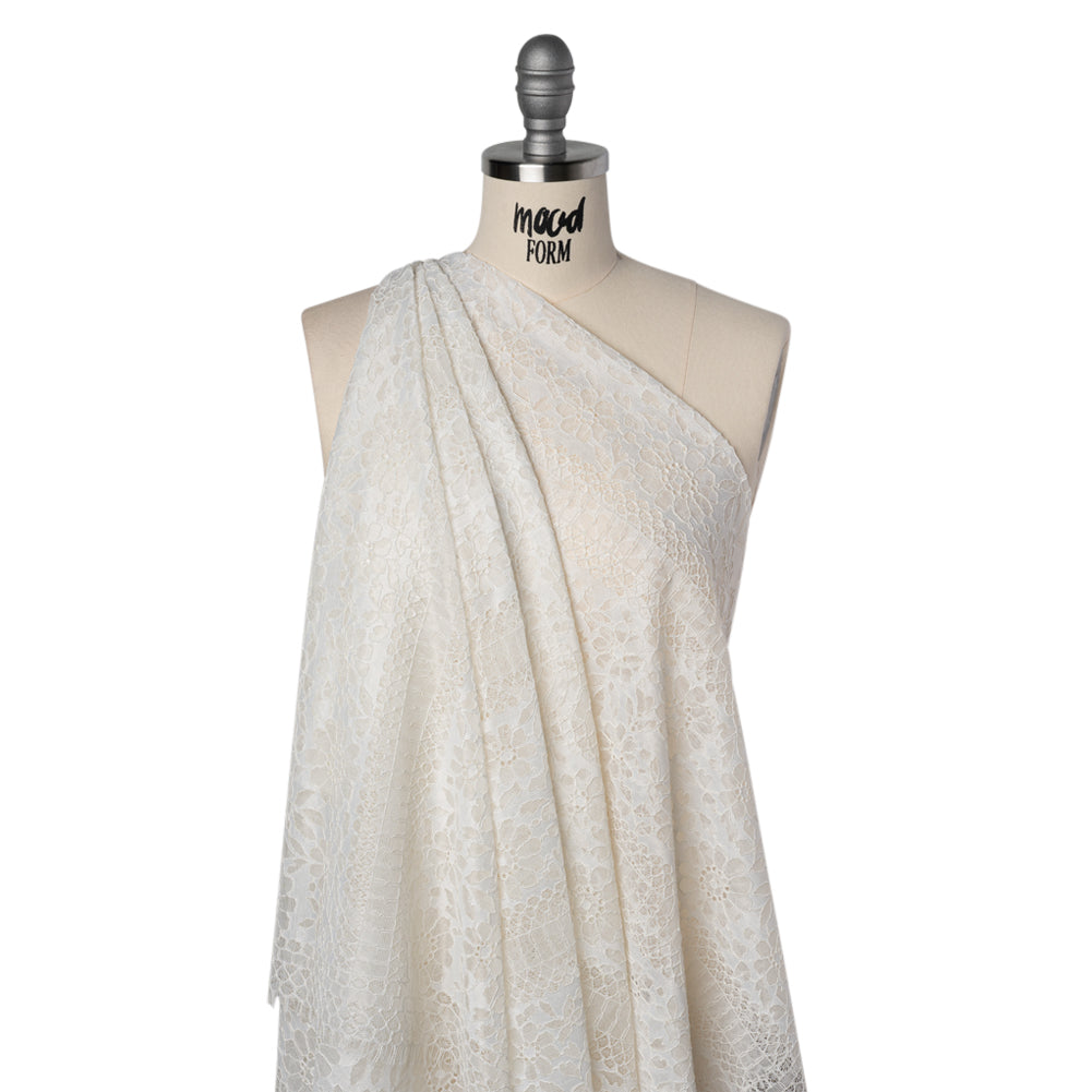 Corded Lace with Eyelash Fringe Edges - Ivory Floral and Geometric Stripes