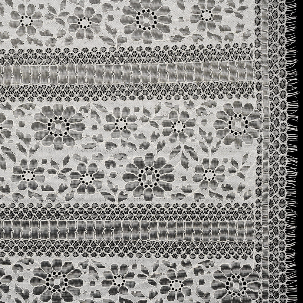 Corded Lace with Eyelash Fringe Edges - Ivory Floral and Geometric Stripes