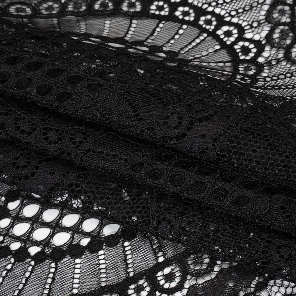 Corded Lace with Scalloped Fringe Edges - Black Geometric Lozenges