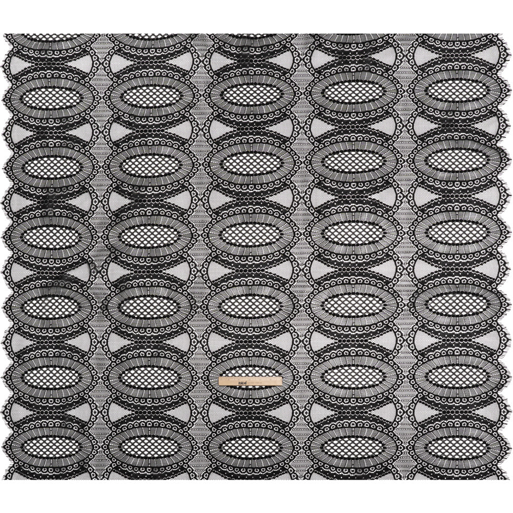 Corded Lace with Scalloped Fringe Edges - Black Geometric Lozenges