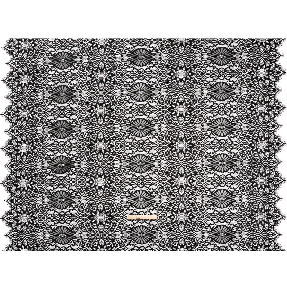 Corded Lace with Finished Edges - Black Fanciful Floral Ogees