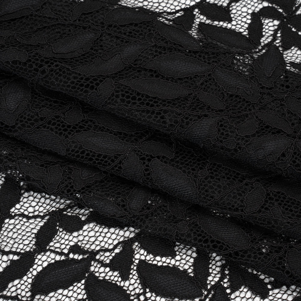 Corded Lace Panel with Finished Scalloped Edges - Black Leafy Stems
