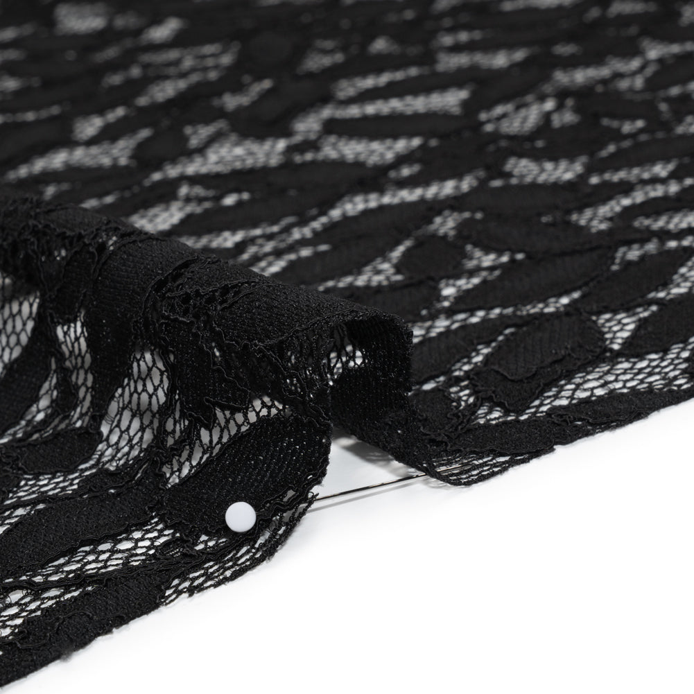 Corded Lace Panel with Finished Scalloped Edges - Black Leafy Stems